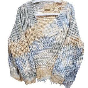 Main Strip Tie Dye Sweater Womens Size M Raw Edge Slouchy Distressed V-Neck